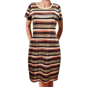 Melissa Paige Red Navy Cream Striped Short Sleeve Shift Knee Length Shirt Dress